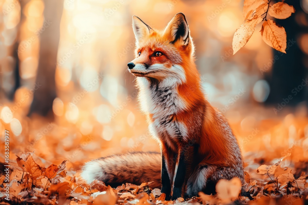 Fototapeta premium Elegant fox sitting amidst autumn leaves in a serene forest scene