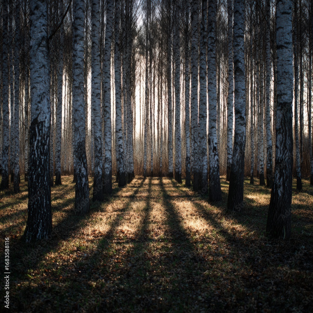 Obraz premium Sunlight filtering through birch trees (2)