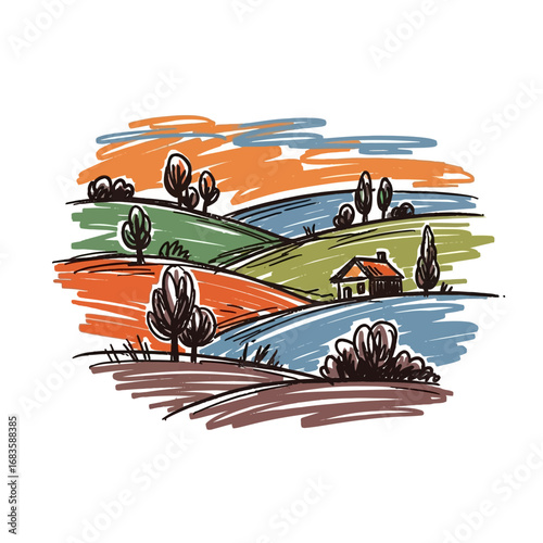 Hand-drawn sketch of a serene rural landscape with rolling hills and a rustic farmhouse, an idyllic countryside concept illustration