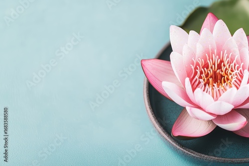 Beautiful Pink Water Lily Flower on Aqua Backdrop for Serenity