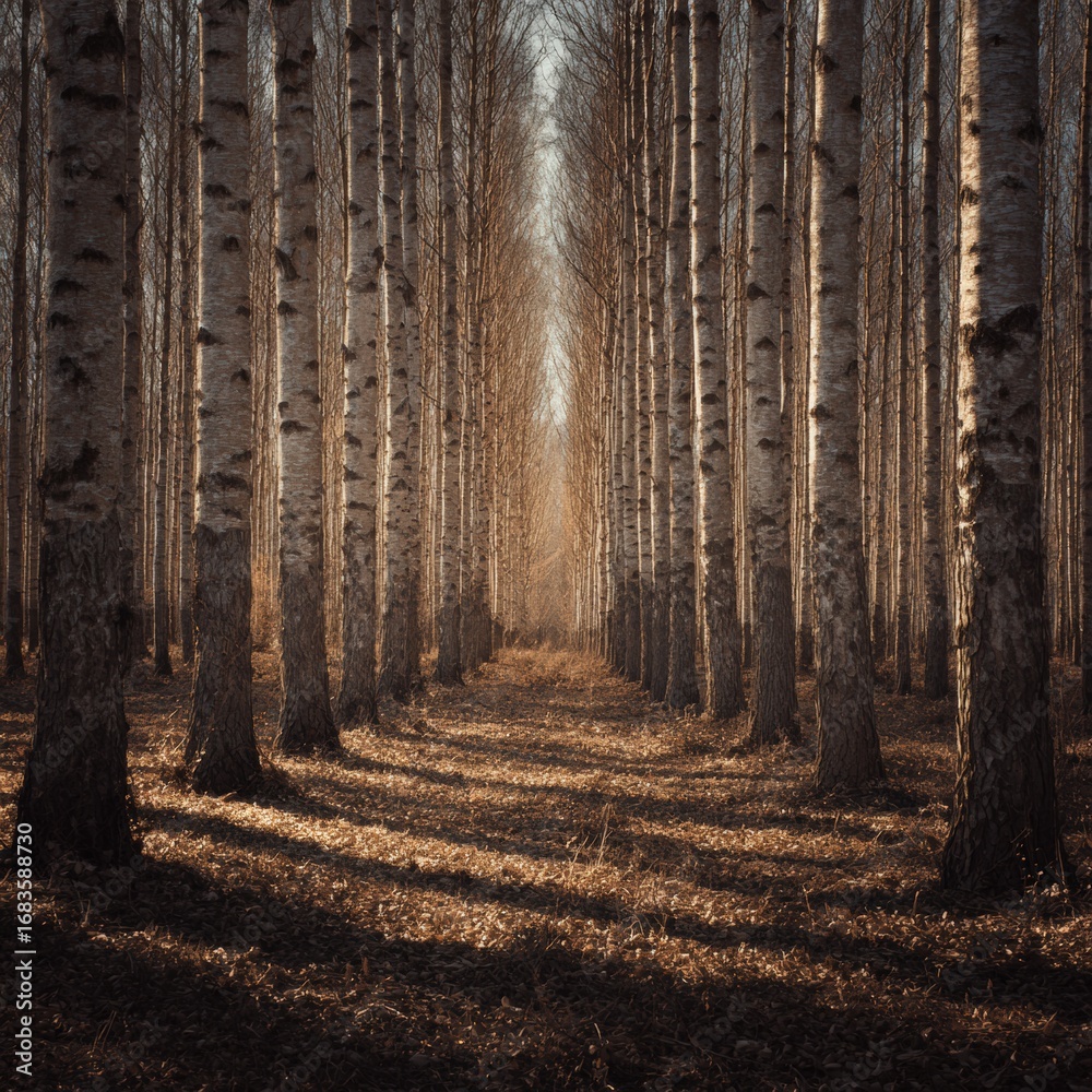 Naklejka premium Sunlight filtering through a birch forest (4)