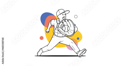 Energetic baseball player in mid action throwing a ball with vibrant abstract shapes
