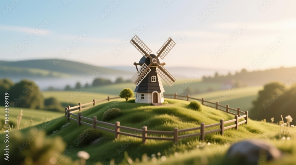 Obraz premium Miniature windmill nestled in grassy hilltop, surrounded by fields and trees under a serene sunrise sky