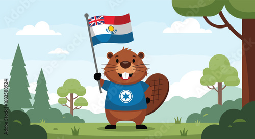 Proud beaver holds british overseas territory flag in sunny forest environment