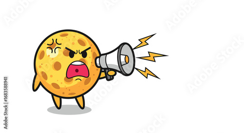 Angry cheese character yelling with a megaphone expressing strong emotions and making loud noise with energetic sound effects