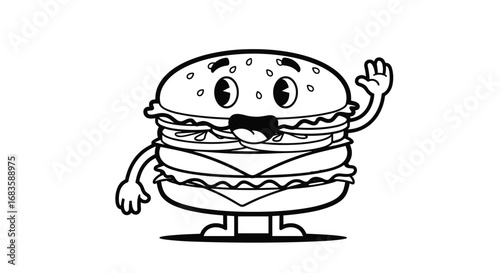 A whimsical animated double decker cheeseburger character waving hello with a friendly smile and wide eyes
