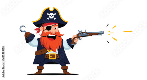 Animated pirate character firing old musket pistol with hook hand and eye patch