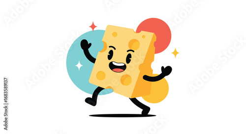 Fun cartoon cheese character dancing with joy and sparkles