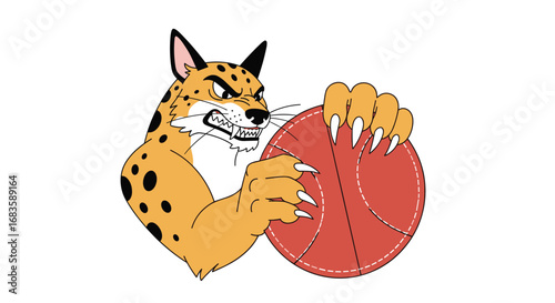 Aggressive lynx mascot with basketball ready for fierce competition on the court
