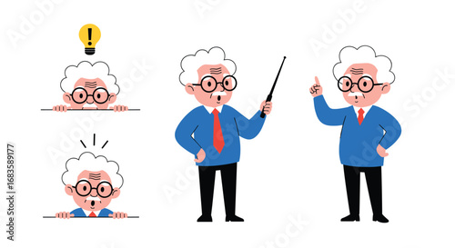 Professor sharing ideas and explaining concepts with enthusiastic gestures and bright lightbulb moment illustrations