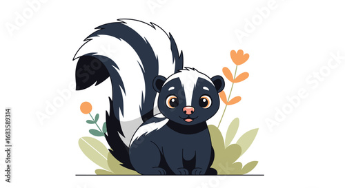 Adorable baby skunk with fluffy tail amidst colorful flowers and greenery