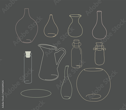 Line Art Vector Set of Bottles, Vases, Pitcher, and Glass Shapes