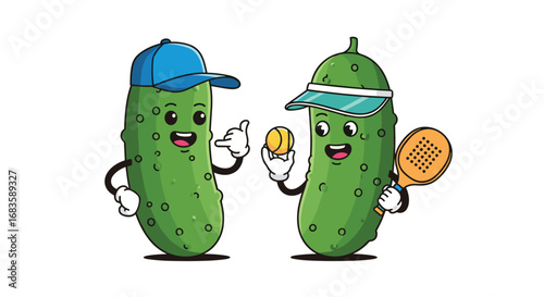 Two anthropomorphic cucumbers engaged in a friendly game of pickleball on a sunny day