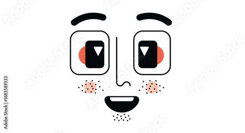 Whimsical character face with expressive eyes and freckles on cheeks
