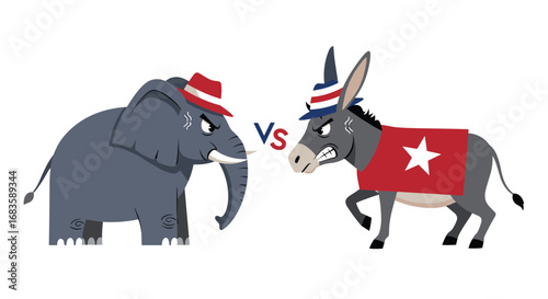 Two political animals face off in fierce competition representing opposing views