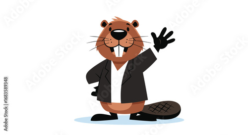 Friendly beaver character in business attire waves hello enthusiastically