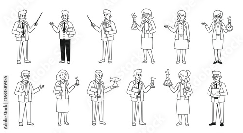 Collection of medical professionals demonstrating scientific concepts and procedures with various poses and gestures