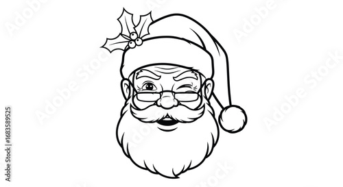 A cheerful santa claus character winking with a festive christmas hat and beard in a black and white drawing style