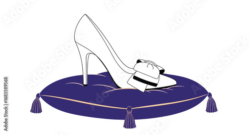 Elegant crystal high heel shoe adorned with a delicate bow resting on a royal purple tufted cushion perfect for bridal or evening wear