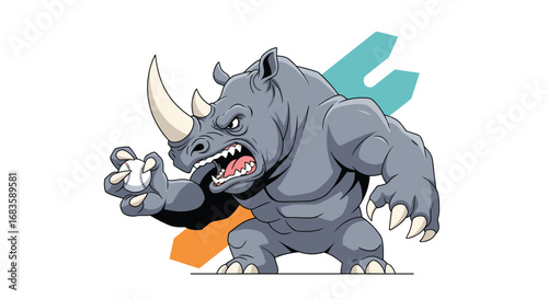 Fierce gray rhinoceros character attacking with powerful muscular body and sharp horn