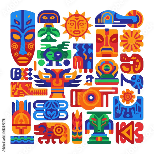 Creative abstract composition of colorful ethnic symbols, tribal masks, and ancient cultural icons on a white background