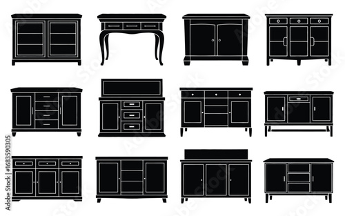 Vector art of collection of furniture silhouettes, featuring various cabinet, sideboard, and buffet designs for home interior decor