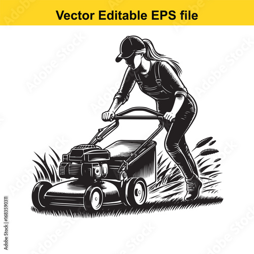 Woman mowing lawn with a push mower, vector illustration