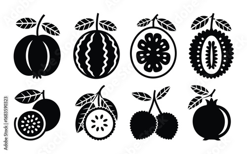 Vector art of collection of exotic fruits in black silhouette guava, watermelon, jackfruit, durian, passion fruit, lychee, and pomegranate