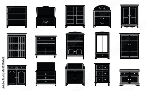 Vector art of collection of antique furniture in black silhouette wardrobe, chest of drawers, cabinet, cupboard, and nightstand