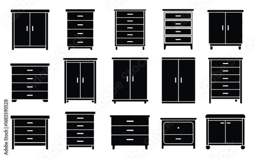 Vector art of collection of furniture silhouettes, featuring cabinets, dressers, and wardrobes for home interior design and storage solutions