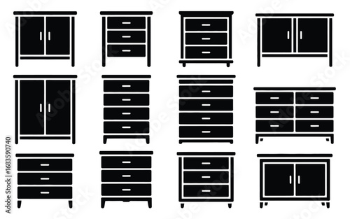 Vector art of collection of black and white furniture icons featuring various cabinets, drawers, and storage units for home decor