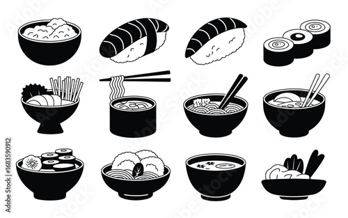 Vector art of collection of various asian food dishes, including sushi, ramen, and rice bowls in a simple black and white style