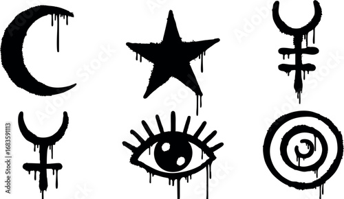 Black Gothic Dripping Symbols Including Moon Star Eye and Abstract Shapes Vector Illustration 