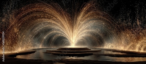 Fototapeta Naklejka Na Ścianę i Meble -  Golden fountain erupts from tiered platform in dark space