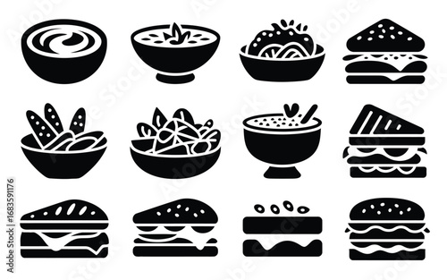 Vector art of collection of various food icons, including bowls, sandwiches, and cake, representing diverse culinary options