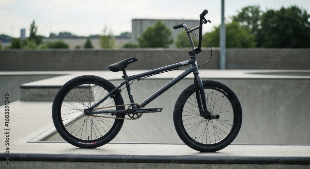 Fototapeta premium Dark gray bicycle, side view, on a concrete ramp, cityscape background