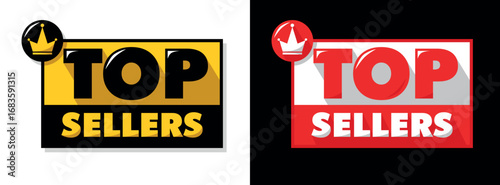 Top sellers choice list header. Advertising sticker with crown. Vector on transparent and black background