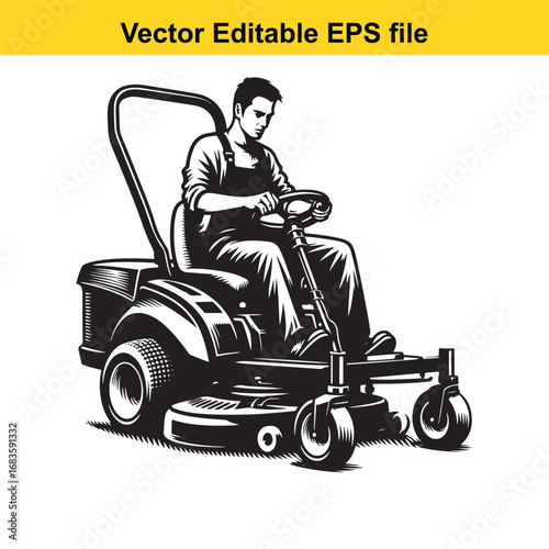 Man driving a zero turn lawn mower isolated on white background