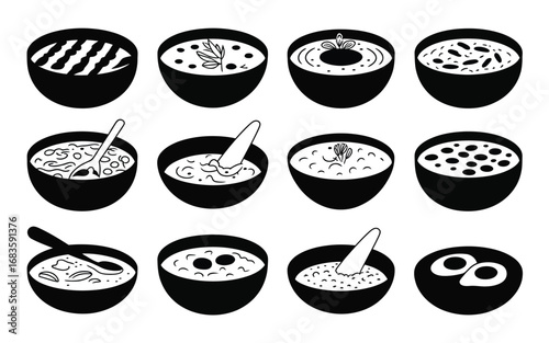 Vector art of collection of various soup bowl illustrations for culinary projects and restaurant menus and food blogs and graphic design resources