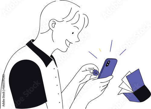 Person holding phone and coin digital payment technology