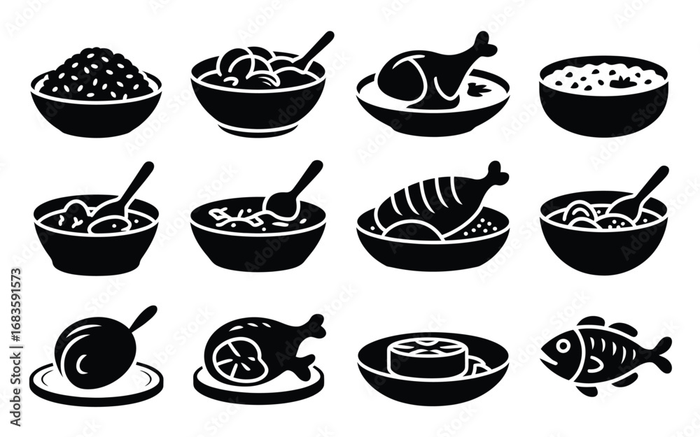 Fototapeta premium Vector art of collection of various food dishes in bowls, , showcasing diverse culinary options and dining experiences