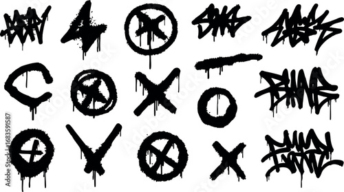Graffiti style black spray paint symbols and tags illustration design vector 