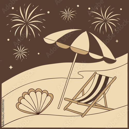 Vector illustration of a tropical beach with palm trees and a clear blue sea under a summer sun