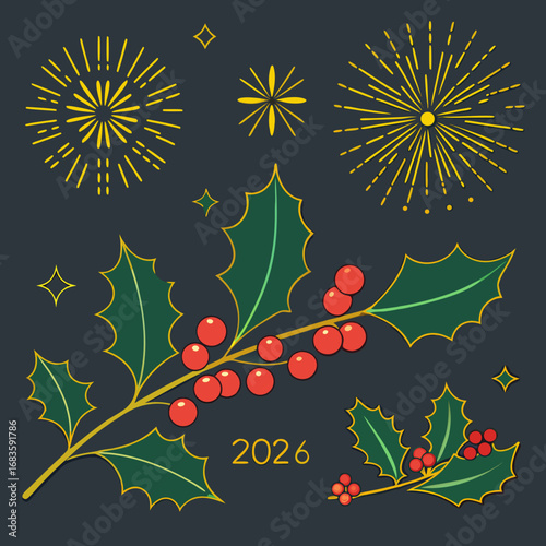 Green Christmas holiday seamless pattern with holly berries, leaves, and festive ornaments on a white background