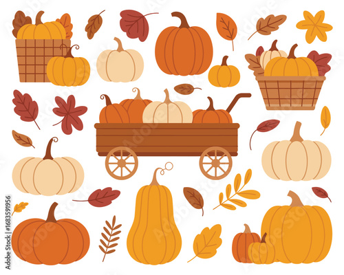 A delightful autumn harvest collection featuring an array of vibrant, stylized pumpkins, gourds, and decorative leaves, presented in a modern flat graphic design style for seasonal projects
