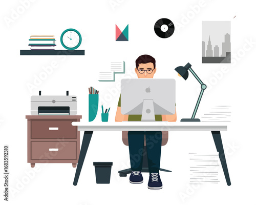 Modern workspace concept showing a male character working on a desktop computer at his desk in a home office setting, flat style vector illustration