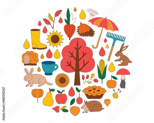 Illustration of various autumn elements arranged in a circular design. A set of cute fall season icons with forest animals, harvest food, and nature symbols