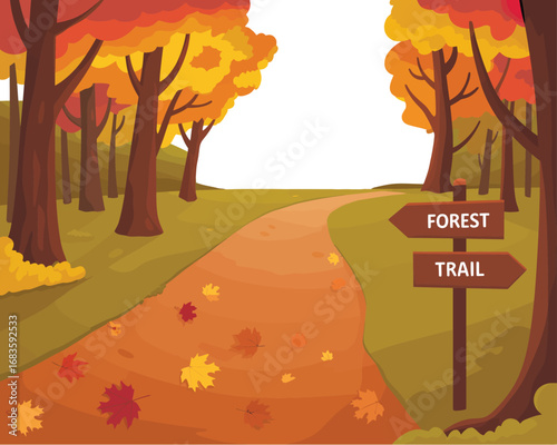 A winding path through a colorful autumn forest with a wooden signpost indicating the trail, a vector illustration of a fall landscape scene