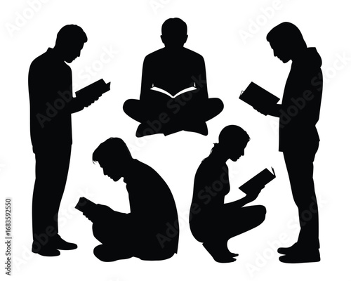 A collection of diverse human silhouettes reading books in various poses. Vector graphic illustration for education and knowledge concepts