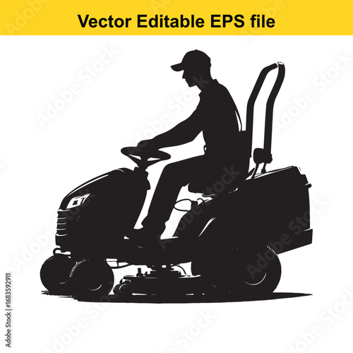 Silhouette of a man riding a lawnmower, isolated on white background
